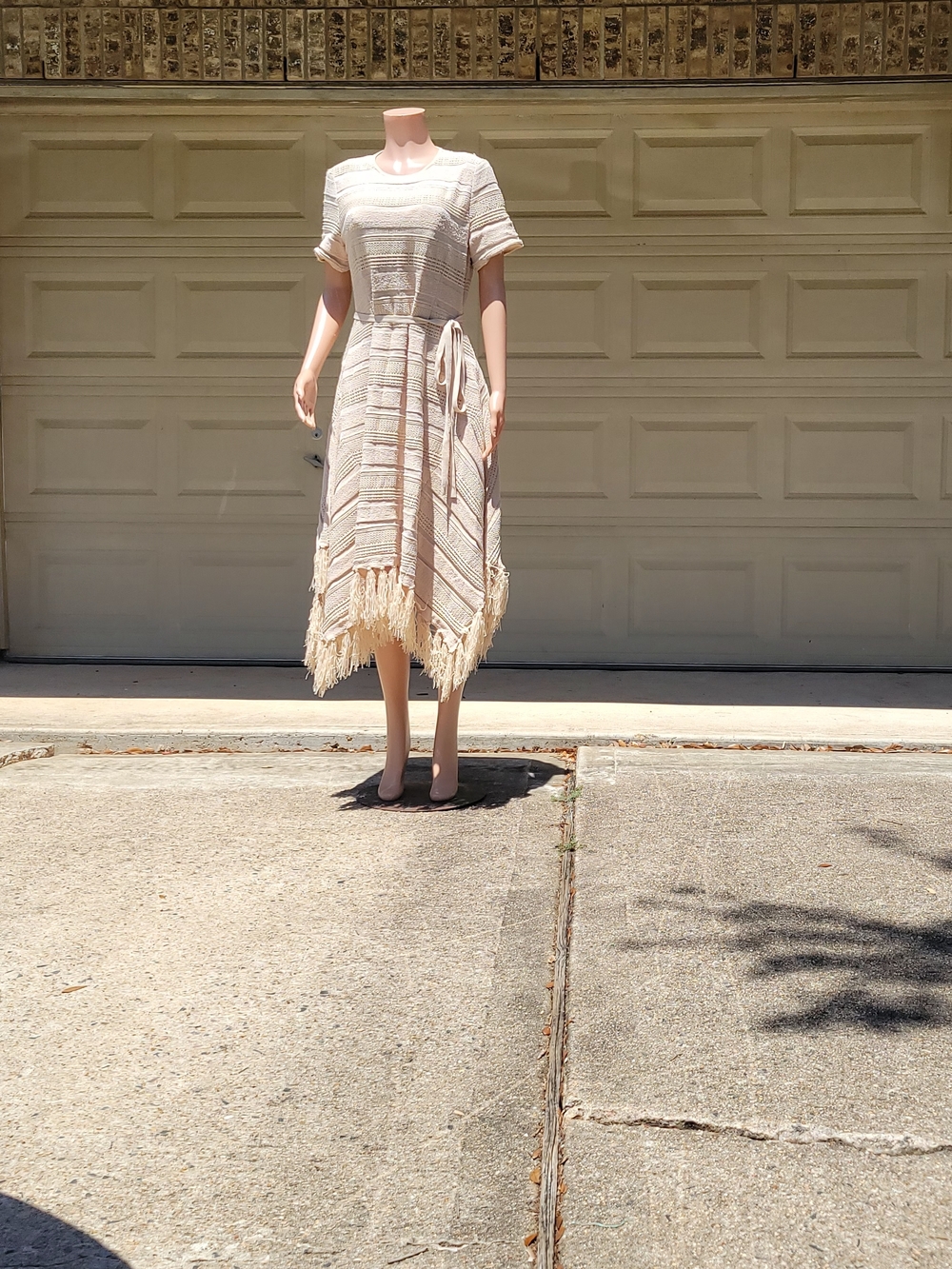 Misook Pointelle Fringe Tie-Waist Midi Dress in Cream